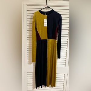 ZARA W/B Collection , Large , color blocked dress, gold, navy, burgundy.